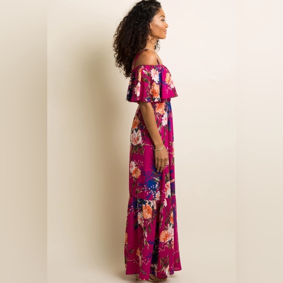 Magenta Floral Ruffle Open Shoulder Maxi Dress - PinkBlush - Size L - Picture 2 of 5